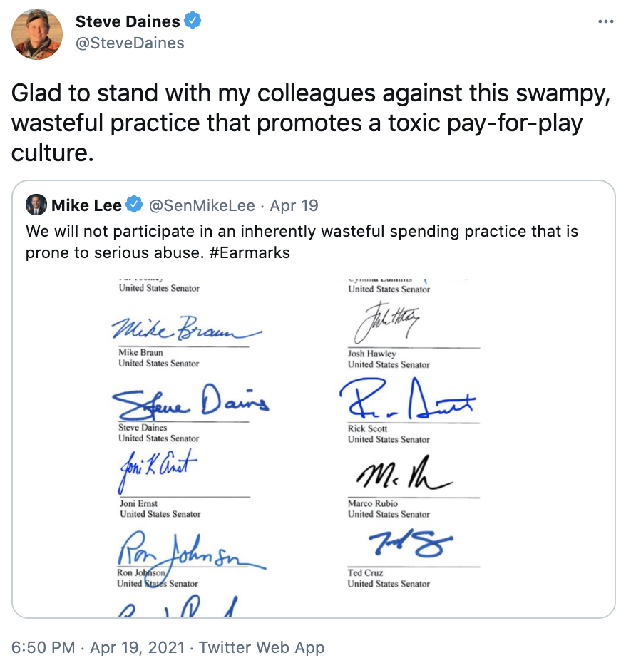 Steve Daines @SteveDaines Glad to stand with my colleagues against this swampy, wasteful practice that promotes a toxic pay-for-play culture.